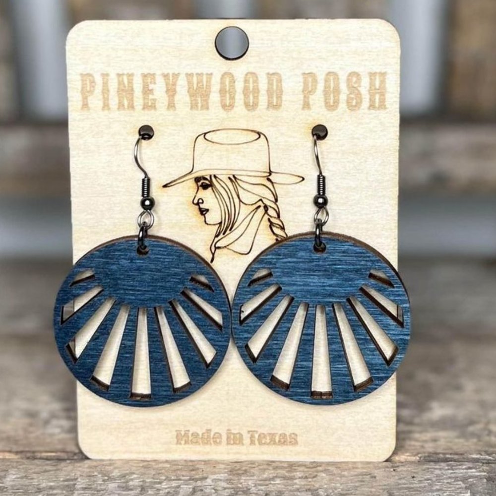 Western Boho Wood Earrings Denim Blue